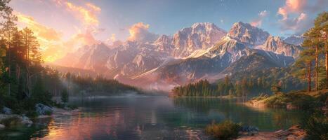 uma lindo montanha alcance com uma lago dentro a primeiro plano foto