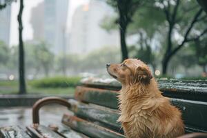 cachorro molhado a partir de a chuva é sentado em a Banco dentro a parque foto