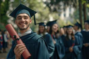 uma homem dentro uma graduação vestido segurando uma diploma foto