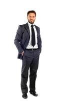 uma homem dentro uma terno e gravata em pé com dele mãos em dele ancas foto