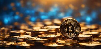 bitcoin e ouro moedas em uma azul fundo foto