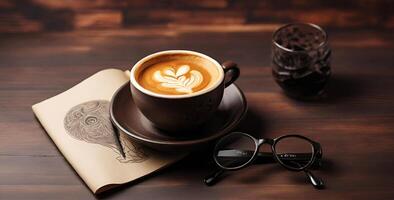 café copo com café com leite arte em de madeira mesa foto