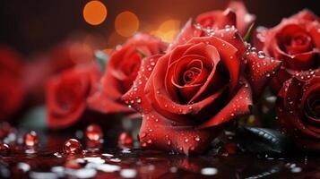 fechar-se do vibrante vermelho rosas adornado com gotas de orvalho, conjunto contra uma sonhadores bokeh fundo. a exuberante pétalas e lustroso folhas crio uma romântico e luxuoso atmosfera, perfeito para especial ocasiões foto