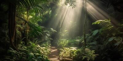 tropical chuva selva profundo floresta com bebê raio luz brilhando. natureza ao ar livre aventura vibração cena fundo Visão foto