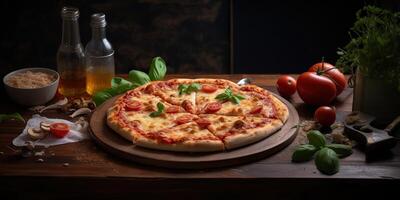 fresco cozido saboroso pizza com carne e legumes e ervas em jantar mesa. refeição Comida restaurante fundo cena foto