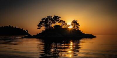 ilha dentro a meio do a mar oceano lago com muitos árvores relaxante pôr do sol fundo cena Visão foto