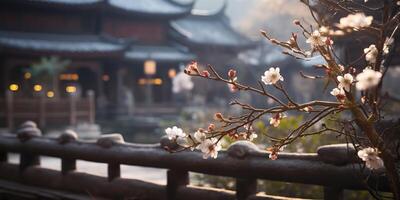 antigo ásia japonês chinês velho vintage retro Cidade cidade construção têmpora com natureza árvore flores foto