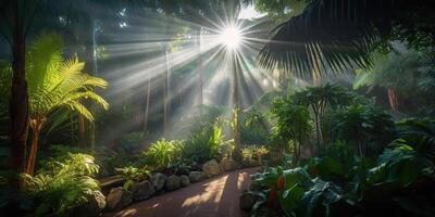 tropical chuva selva profundo floresta com bebê raio luz brilhando. natureza ao ar livre aventura vibração cena fundo Visão foto