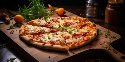 fresco cozido saboroso pizza com carne e legumes e ervas em jantar mesa. refeição Comida restaurante fundo cena foto