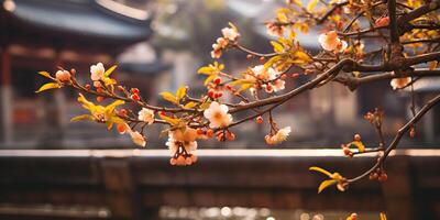 antigo ásia japonês chinês velho vintage retro Cidade cidade construção têmpora com natureza árvore flores foto