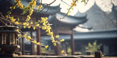 antigo ásia japonês chinês velho vintage retro Cidade cidade construção têmpora com natureza árvore flores foto