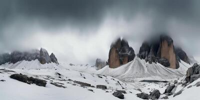 nuvem dia Rocha Colina montanha Rocha pico com neve às inverno. aventura expedição viagem caminhada cena Visão foto