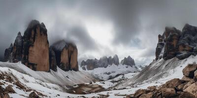 nuvem dia Rocha Colina montanha Rocha pico com neve às inverno. aventura expedição viagem caminhada cena Visão foto