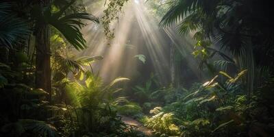 tropical chuva selva profundo floresta com bebê raio luz brilhando. natureza ao ar livre aventura vibração cena fundo Visão foto