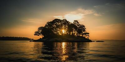 ilha dentro a meio do a mar oceano lago com muitos árvores relaxante pôr do sol fundo cena Visão foto