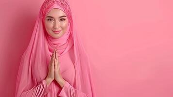 sorridente ásia muçulmano mulher fazer eid Mubarak gesto em pastel fundo com texto espaço foto