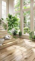 moderno casa de fazenda vivo quarto Projeto com de madeira Escadaria e natural madeira acentos foto