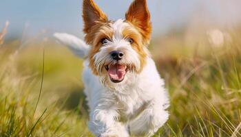 adorável cachorro alegremente jogando dentro exuberante verde Relva campo, animal felicidade dentro natureza foto