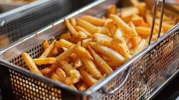 fechar acima do perfeitamente cozinhou francês fritas dentro uma profundo frigideira, crocantes e dourado fritas foto