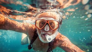 idosos pessoa snorkeling com uma mascarar dentro a sereno águas do uma isolado tropical ilha foto