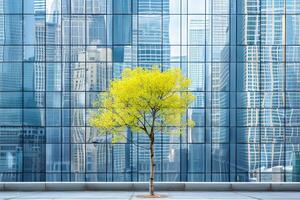 sustentável vidro escritório construção dentro urbano panorama com árvore para carbono redução foto