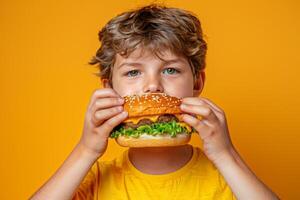 jovem Garoto saboreando Hamburger contra pastel pano de fundo com amplo espaço para texto posicionamento foto