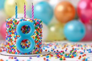 número 8 vela em celebração bolo com balões e decorações em borrado fundo foto