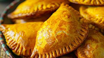 esses tradicional jamaicano hambúrgueres preenchidas com salgado carne e embrulhado dentro escamoso pastelaria estão uma perfeito lanche para trazer para a de praia foto