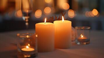 a suave brilho do velas cria a íntimo atmosfera encorajando conversação e riso uma convidados. 2d plano desenho animado foto