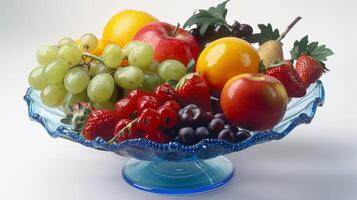 uma colorida matriz do fresco frutas e legumes exibido dentro uma à moda fruta tigela promovendo uma saudável estilo de vida dentro Adição para exercício foto