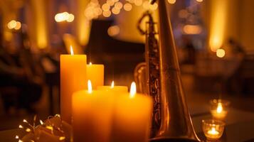 a caloroso brilho do a velas complementa a suave notas do a jazz banda criando a encantador experiência. 2d plano desenho animado foto