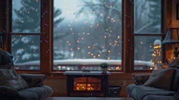 uma ampla baía janela ofertas uma Visão do a queda neve lado de fora enquanto a fogo fornece uma reconfortante calor dentro. 2d plano desenho animado foto