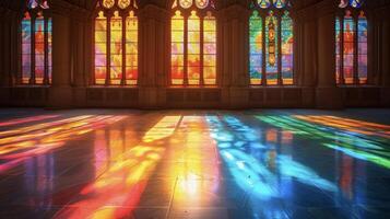 uma deslumbrante foto do uma restaurado manchado vidro janela pegando a luz solar e fundição uma arco Iris do cores para a chão