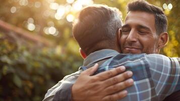 dois homens dando cada de outros uma caloroso abraço Como uma placa do Apoio, suporte e compreensão às uma masculino Apoio, suporte grupo encontro foto