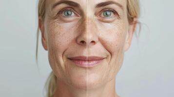 uma representação do uma mulher face antes e depois de implementando pele rejuvenescimento terapia exibindo mais brilhante e aparência jovem pele. foto