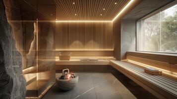 uma inspirado no zen sauna com uma natural pedra interior e baixo iluminação criando uma calmante e pacífico ambiente. foto