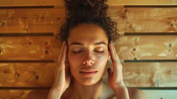 uma mulher massagens dela templos Como ela inclina-se contra a caloroso de madeira paredes do a sauna de locação ir do a tensão dentro dela mente e corpo. foto
