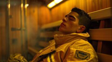 uma pacífico imagem do uma bombeiro reclinável em uma sauna Banco dele olhos fechadas dentro relaxamento Como ele respira dentro profundamente. foto