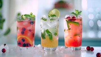 uma trio do colorida e criativo mocktails Incluindo uma gengibre citrino efervescer uma baga manjericão Mojito e uma oxicoco sábio spritz cada emparelhado com uma delicado amusebouche foto