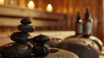 cuidadosamente selecionado essencial óleos estão borrifado para a quente pedras o preenchimento a sauna com uma calmante e revigorante aroma. foto