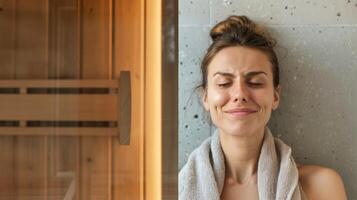 uma cenário do uma pessoas humor antes usando uma sauna com uma estressado e franzindo a testa expressão justaposto com uma cenário do a mesmo pessoa sorridente e conteúdo depois de uma relaxante sauna sessão. foto