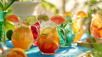 uma mesa forrado com jarros do colorida mocktails apresentando tropical frutas e citrino guarnições dentro festivo óculos foto