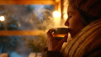uma pessoa bebericando em uma copo do ervas chá enquanto sentado dentro a sauna usando natural remédios para Socorro com seus ressaca sintomas. foto