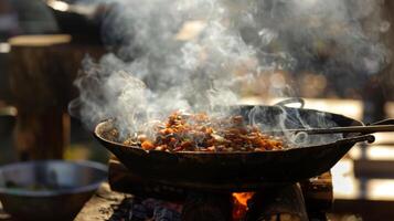 a sutil crepitação do madeira e a □ Gentil silvo do vapor pode estar ouviu Como a Comida cozinheiros dentro a solar fornos. 2d plano desenho animado foto