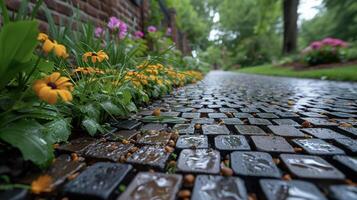 uma fechar-se tiro do uma permeável pavimentar passarela construído com recuperado materiais e projetado para permitir água da chuva para vazar costas para dentro a terra em vez de que corrida fora int foto