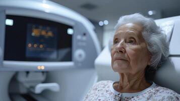 a scanner movimentos lentamente sobre a idosos mulher corpo usando avançado tecnologia para avaliar a força e densidade do dela ossos foto