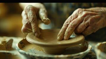uma mulher meticulosamente envidraçamento uma minúsculo prato adicionando a final toques para a cerâmica escultura com uma firme mão. foto