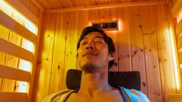 uma homem ações dele viagem do usando saunas Como uma caminho para desintoxicar dele corpo a partir de pesado metais e poluentes conduzindo para melhorado energia níveis e diminuiu alergia sintomas. foto