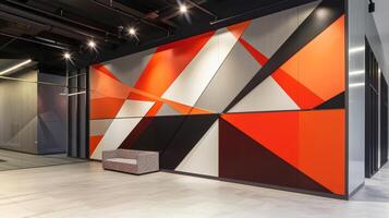 uma negrito e gráfico cerâmico parede instalação usando afiado linhas e contrastante cores para crio uma moderno arte peça para uma galeria. foto