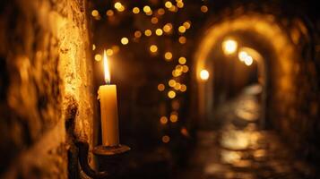 uma escondido alcova dentro uma misterioso castelo detém uma solteiro vela iluminador a Sombrio espaço e adicionando a ar do intriga para a sala. 2d plano desenho animado foto